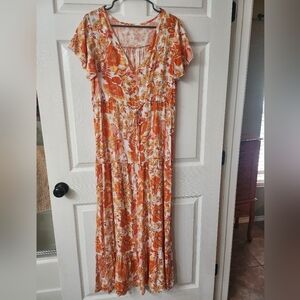 Amazon Orange and White Ruffled Tiered Maxi Sundress